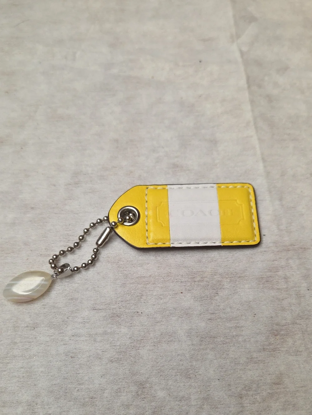 Coach Yellow and White Leather Hangtag Replacement with Silver Ball Chain/Stone
